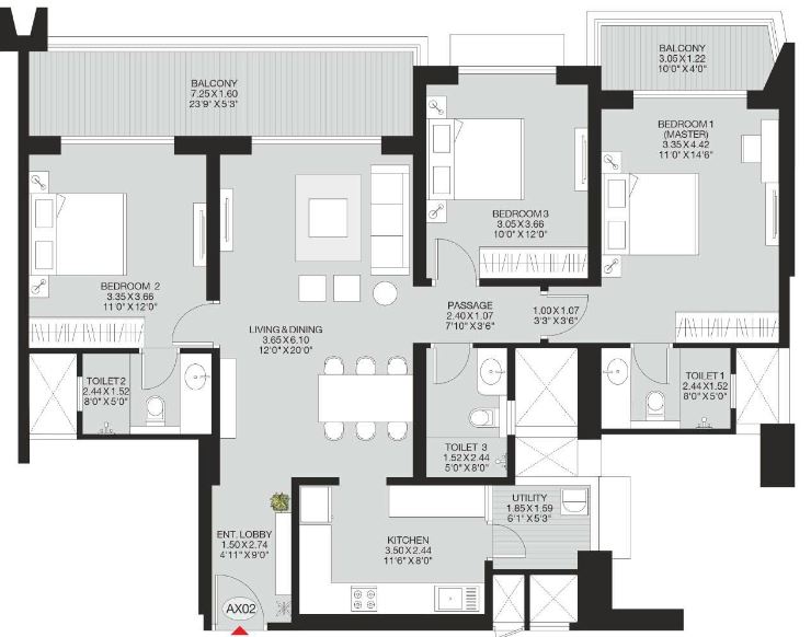 Spacious 3 BHK living room at Godrej Majesty Noida